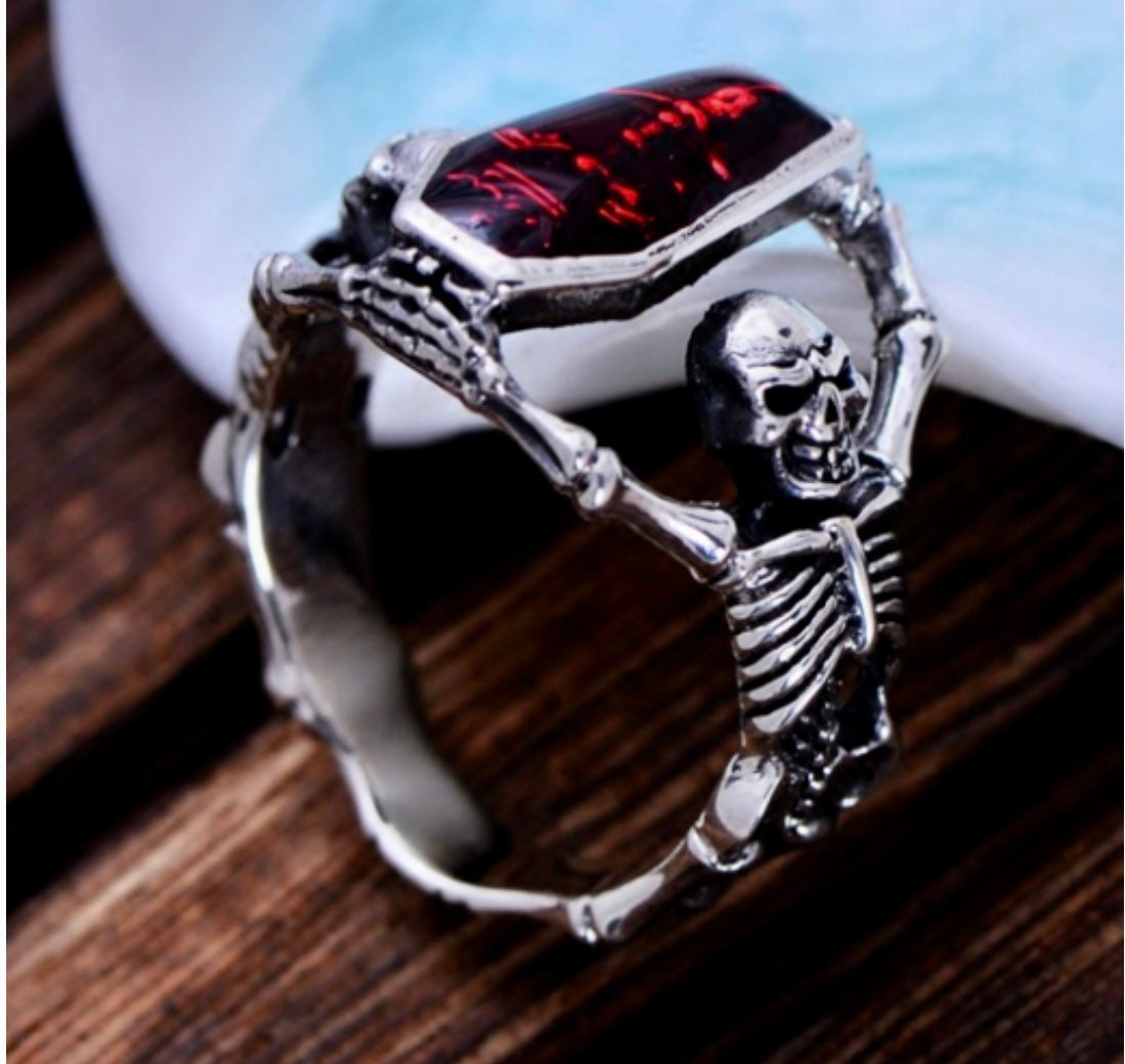 Skeletons Holding Blood Red Coffin Ring - Size 8 - Retro Punk Ring - Halloween Costume