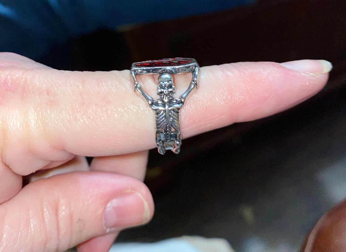 Skeletons Holding Blood Red Coffin Ring - Size 8 - Retro Punk Ring - Halloween Costume