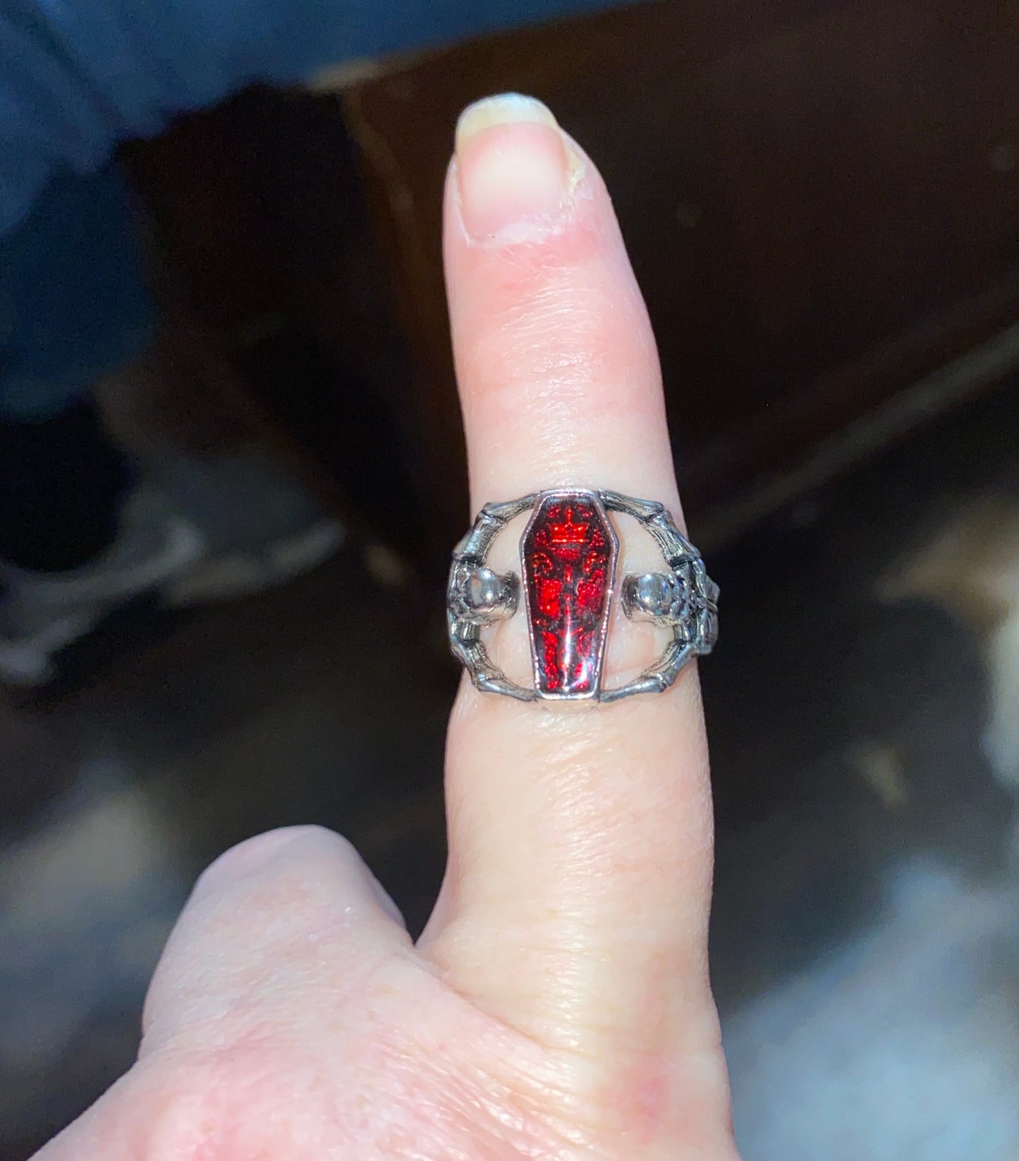 Skeletons Holding Blood Red Coffin Ring - Size 8 - Retro Punk Ring - Halloween Costume