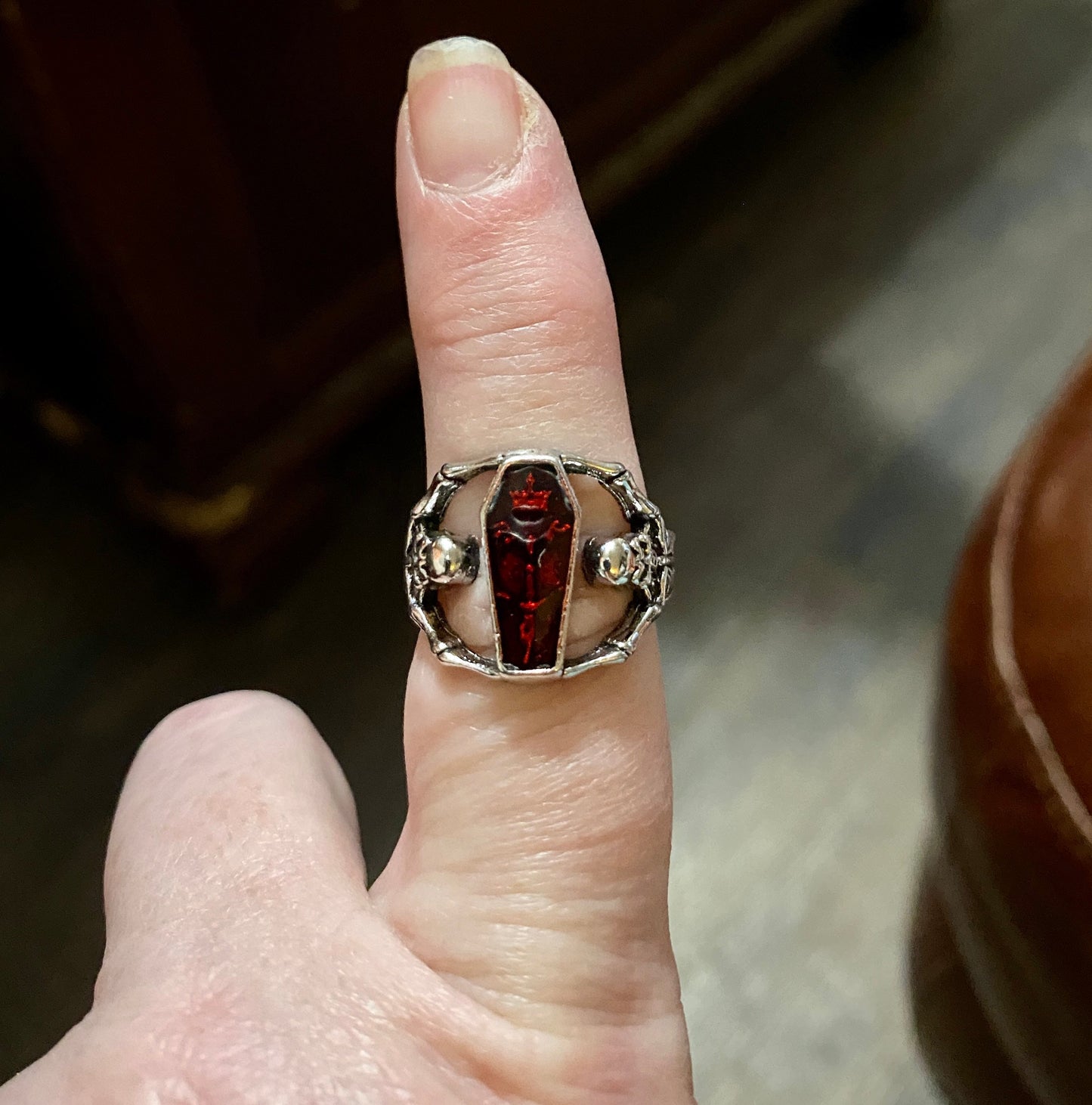 Skeletons Holding Blood Red Coffin Ring - Size 8 - Retro Punk Ring - Halloween Costume