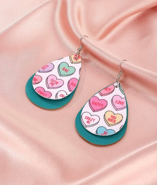 Valentines Candy Teardrop Earrings - Heart Candy - Conversation Hearts