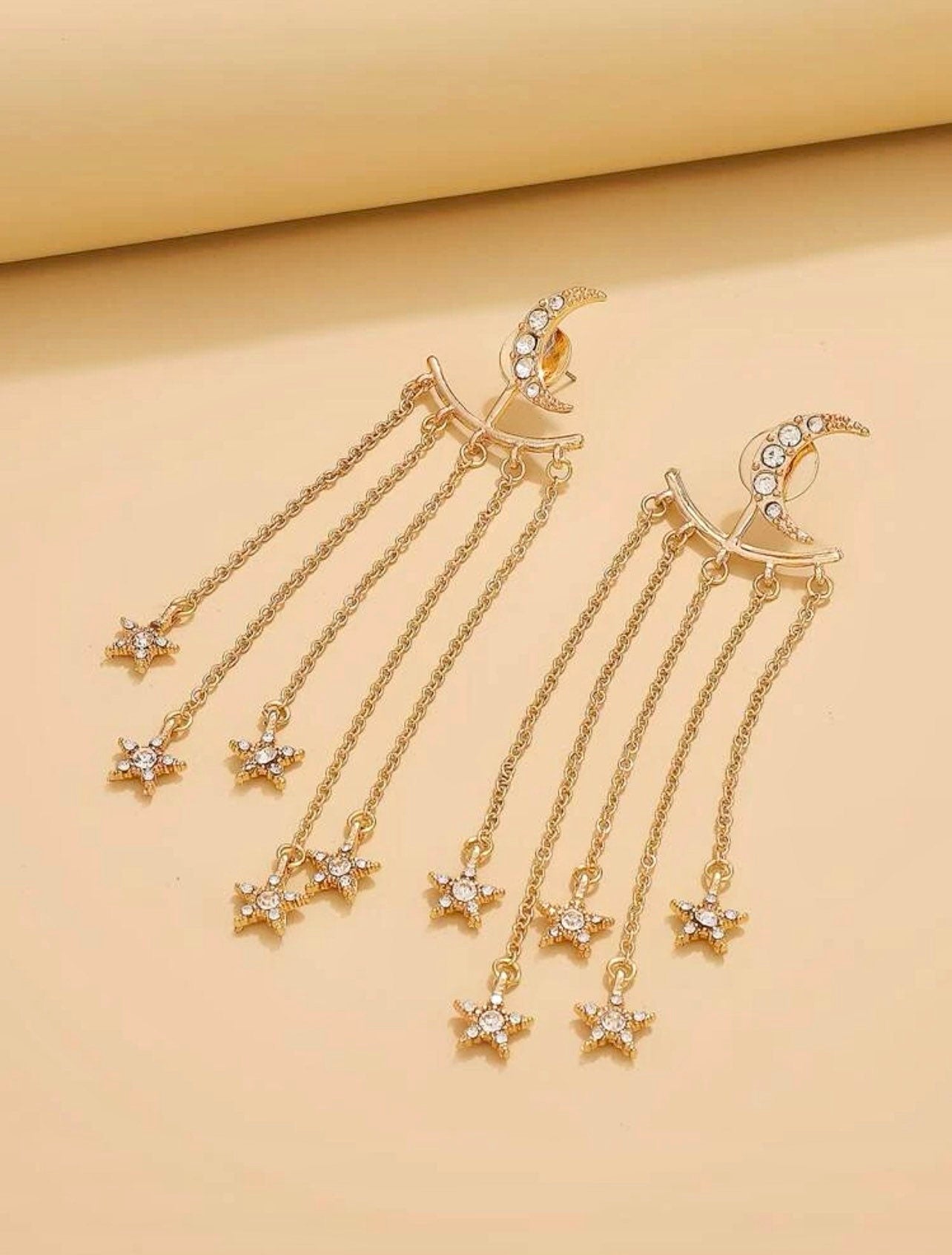 Long Crescent Moon and  Stars Tassel Drop Earrings - Gold in Color With Clear Rhinestones - Cocktail Party - Celestial - 2 in 1 Earrings