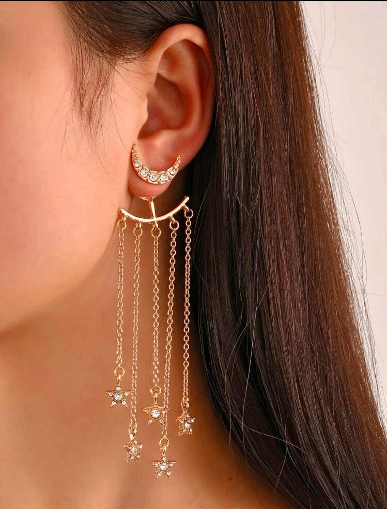 Long Crescent Moon and  Stars Tassel Drop Earrings - Gold in Color With Clear Rhinestones - Cocktail Party - Celestial - 2 in 1 Earrings