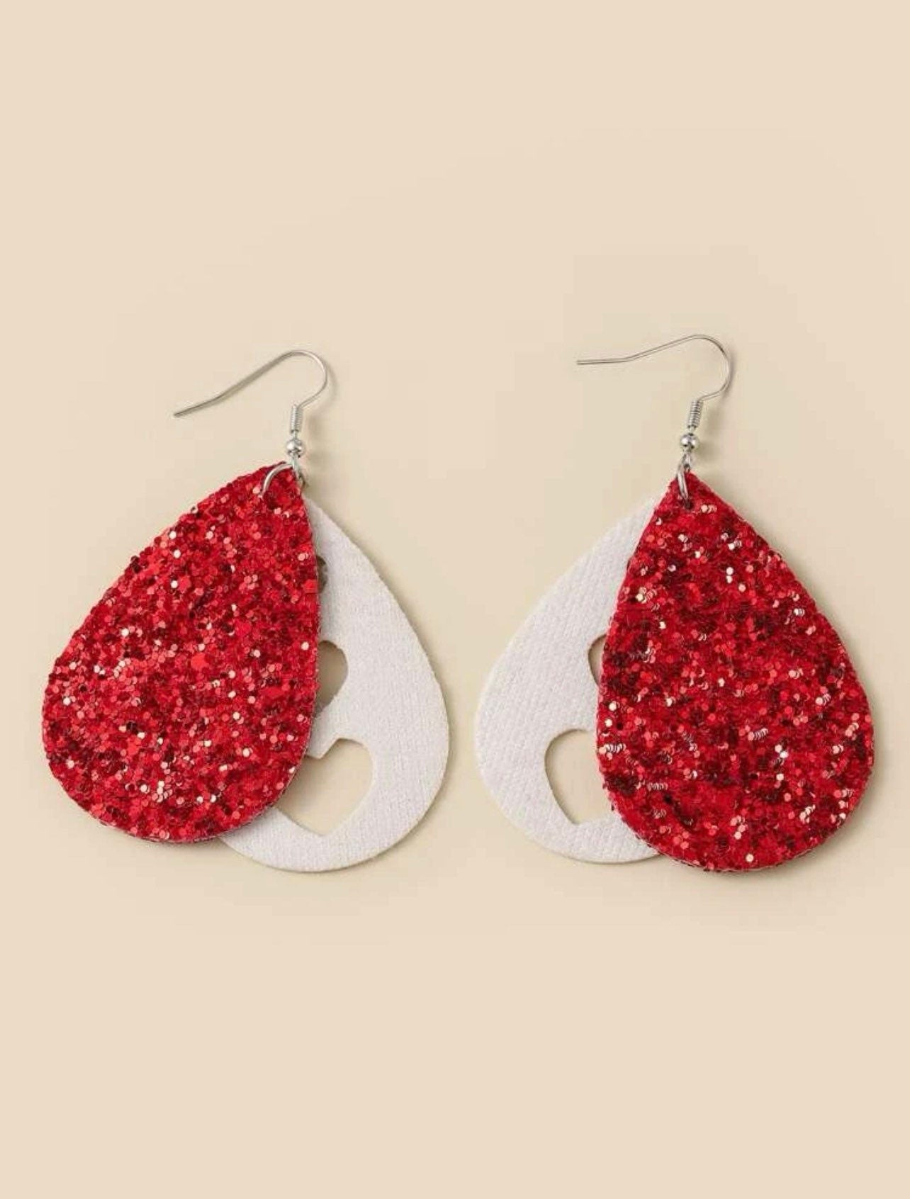 Water Drop Heart Cut Out Earrings - Teardrop Dangle Red Hearts - 2 Layer Faux Leather Triple Hearts - Red Heart