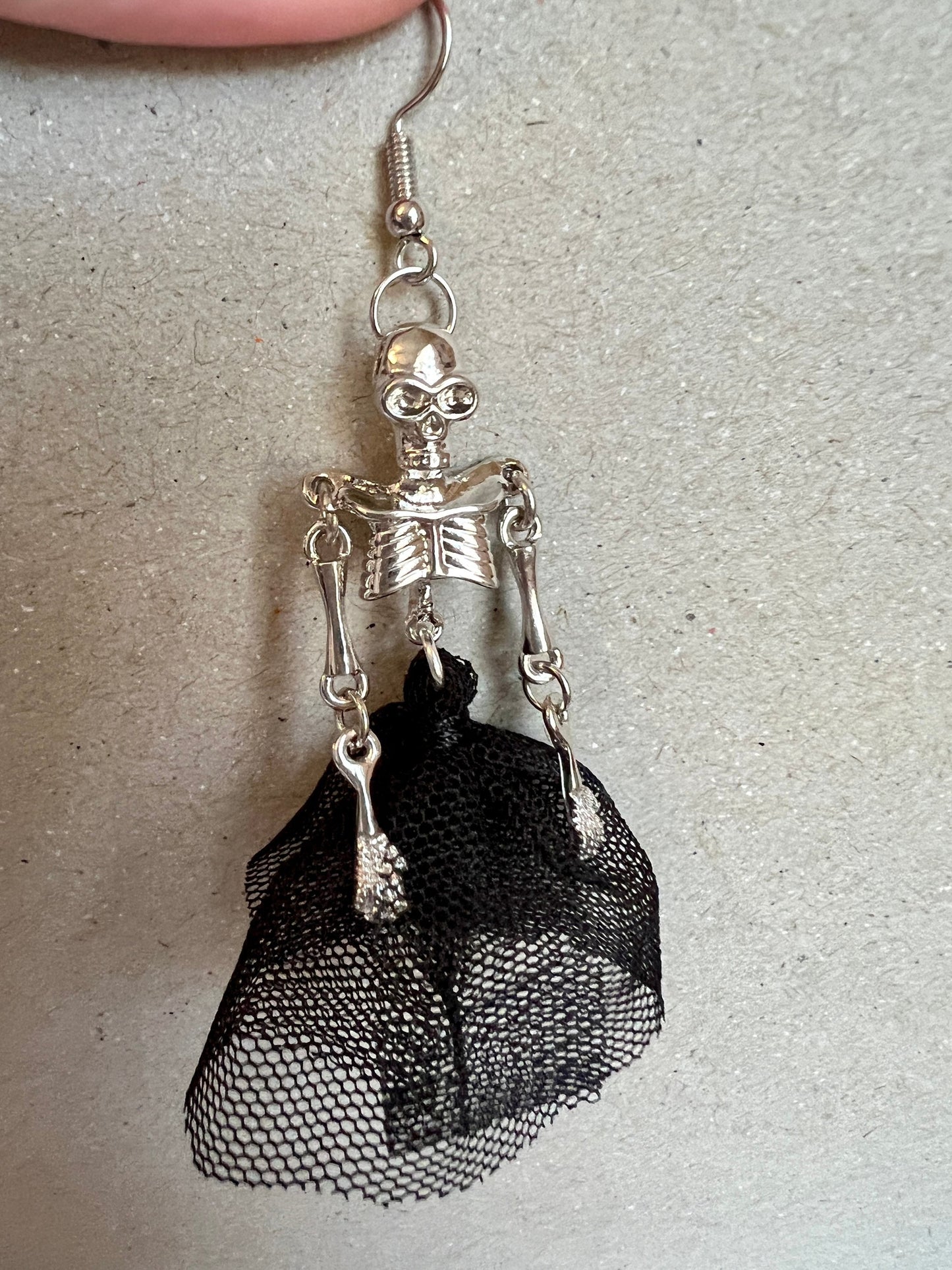 Female Skeleton With Movable Arms - Black Skirt - Dia De Los Muertos - Goth Drop Earrings