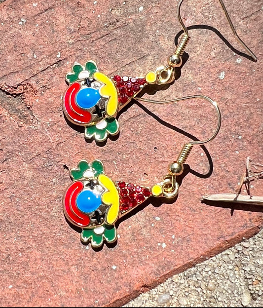 Clown Head With Hat - Dangle Earrings - Sparkling Rhinestones - Just “Clowning” Around - Scary Clown