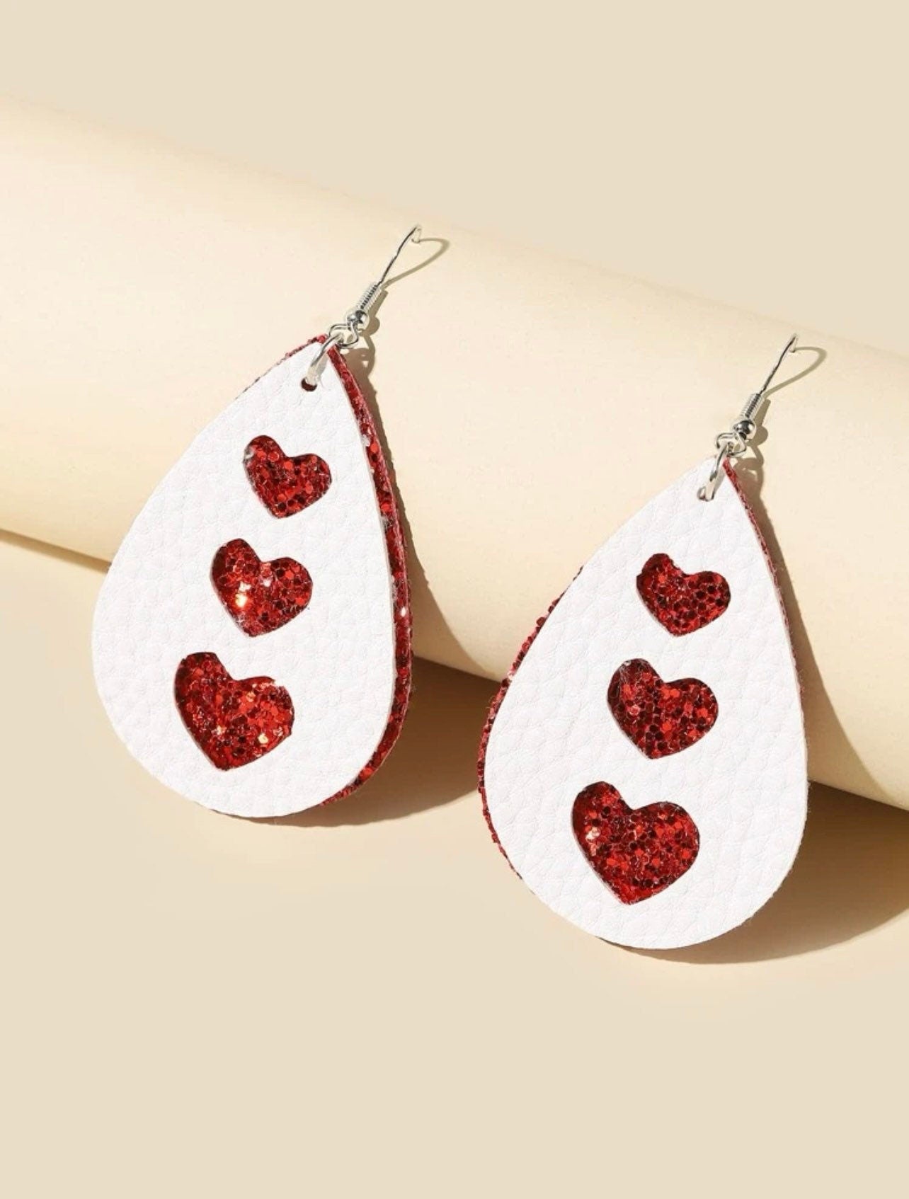 Water Drop Heart Cut Out Earrings - Teardrop Dangle Red Hearts - 2 Layer Faux Leather Triple Hearts - Red Heart