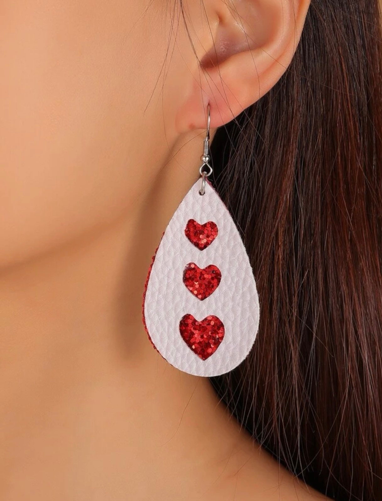 Water Drop Heart Cut Out Earrings - Teardrop Dangle Red Hearts - 2 Layer Faux Leather Triple Hearts - Red Heart