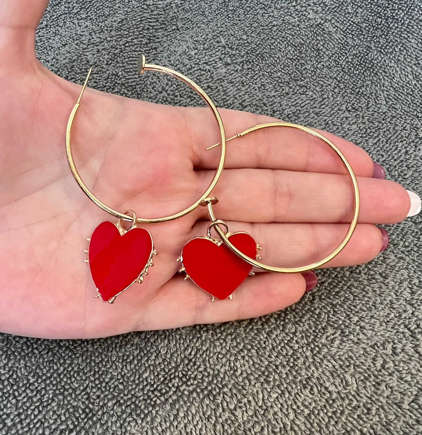 Beautiful Red Heart Drop Hoop Earrings - Red Hearts