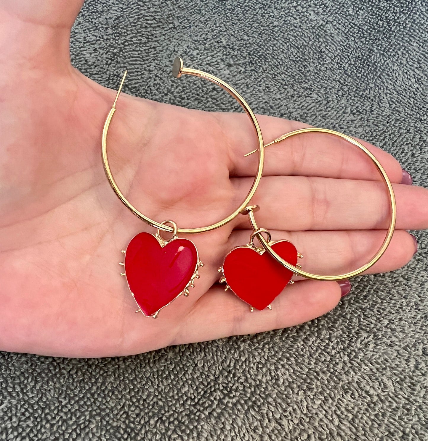 Beautiful Red Heart Drop Hoop Earrings - Red Hearts