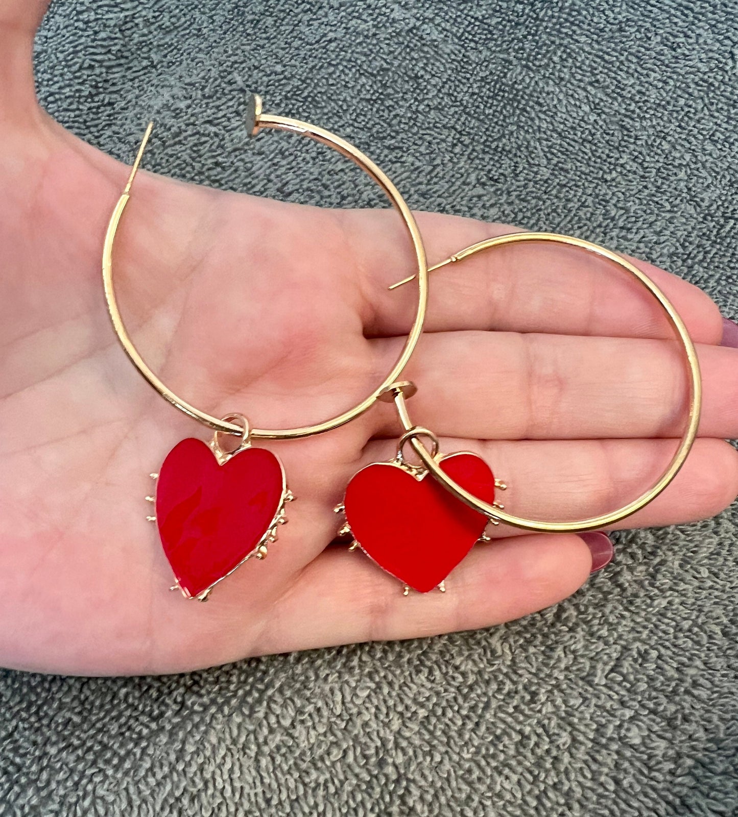 Beautiful Red Heart Drop Hoop Earrings - Red Hearts