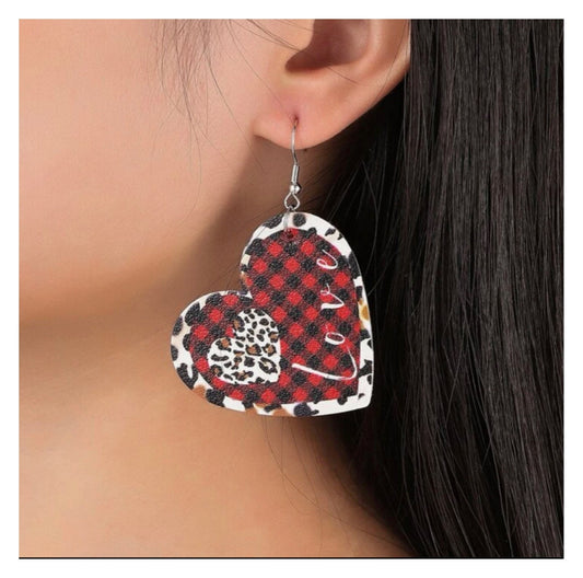 Plaid and Leopard Print Heart Drop Love Earrings - Ladies and Teens - Red Heart - Red Hearts