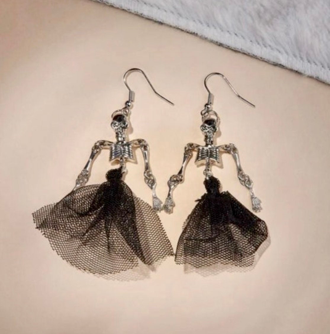 Female Skeleton With Movable Arms - Black Skirt - Dia De Los Muertos - Goth Drop Earrings