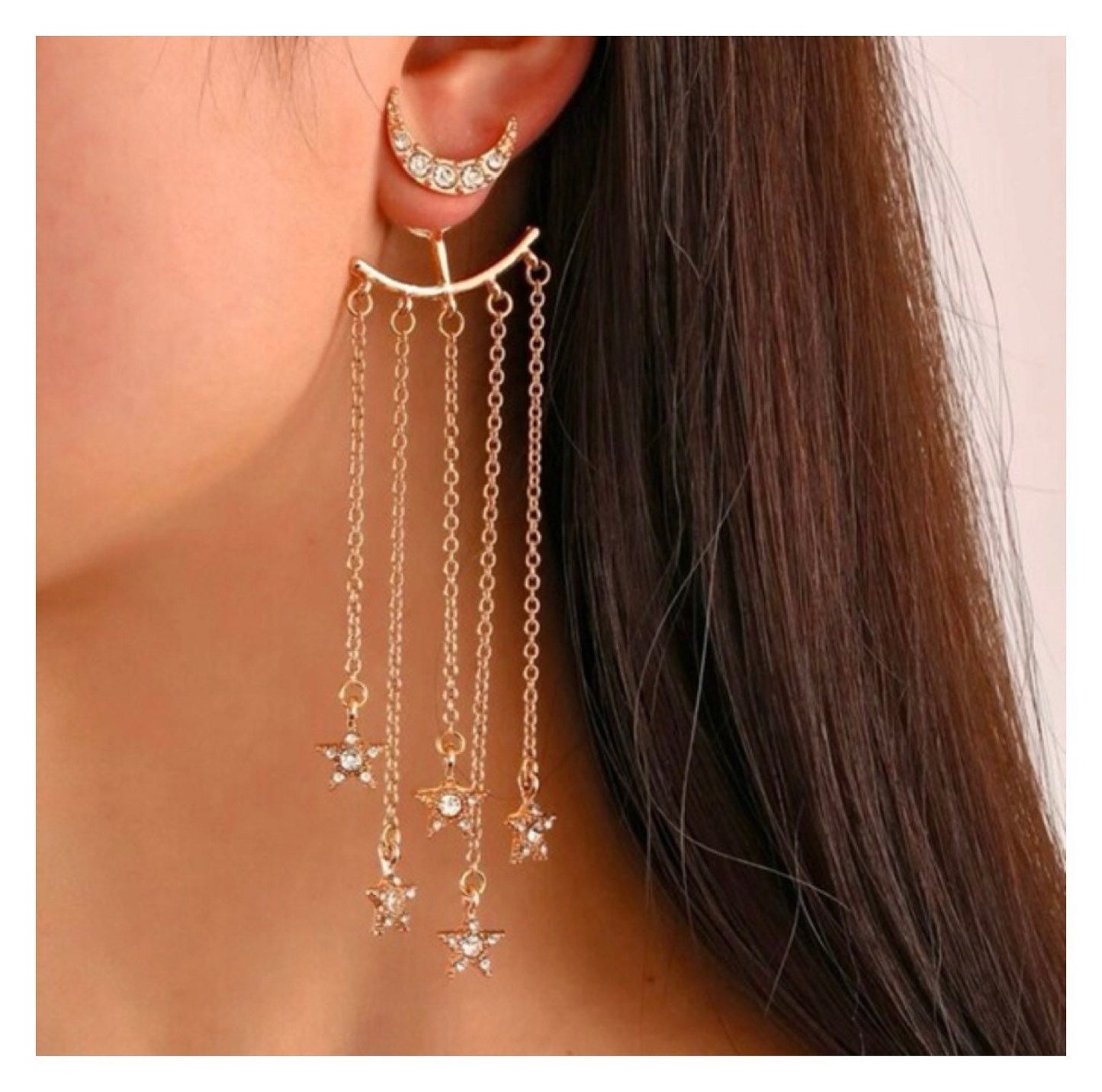 Long Crescent Moon and  Stars Tassel Drop Earrings - Gold in Color With Clear Rhinestones - Cocktail Party - Celestial - 2 in 1 Earrings