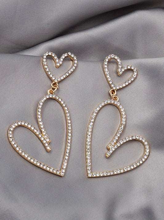 Double Heart Rhinestone Drop Earrings - 925 Silver Posts