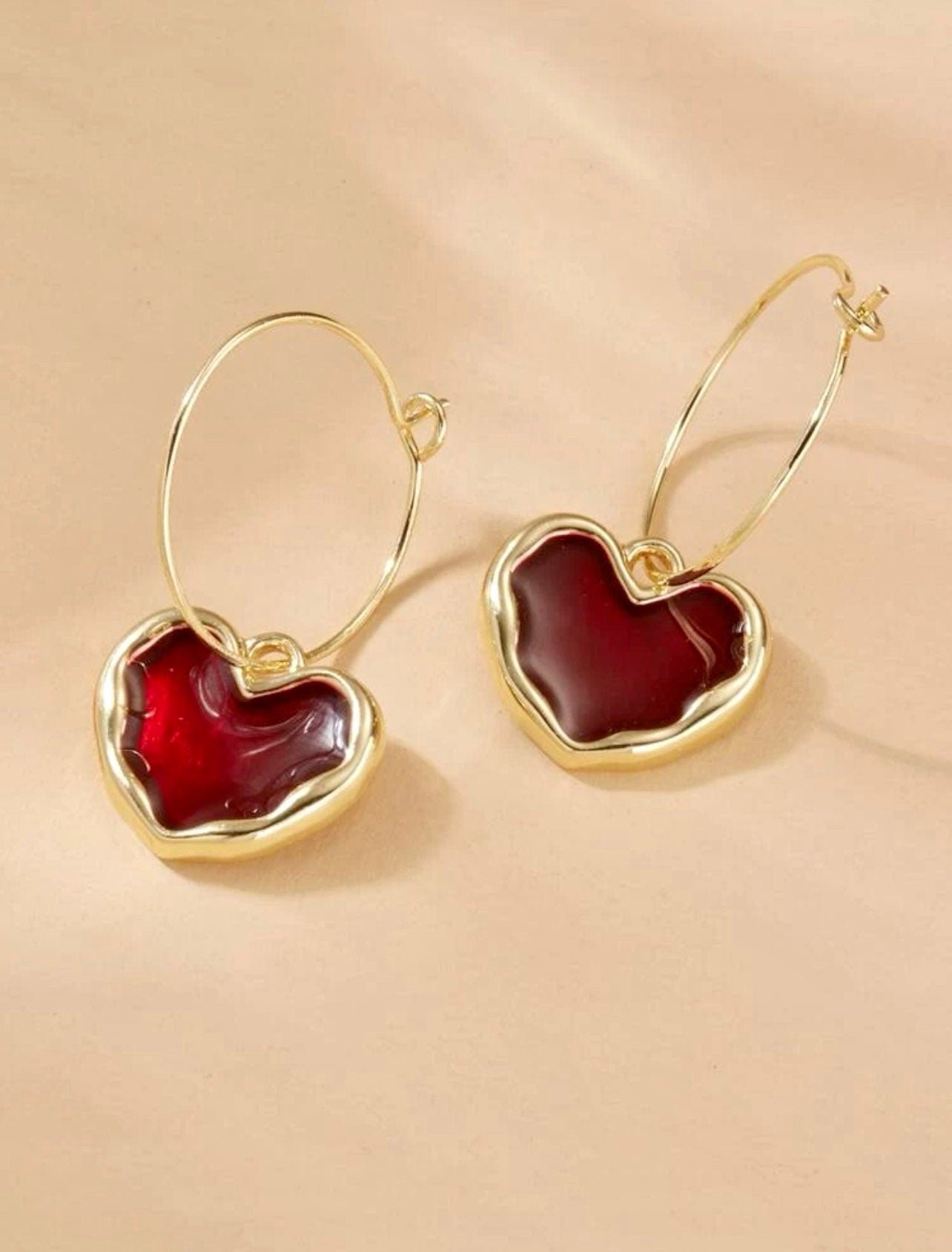 Red Heart Earrings | Hoop & Charm | Gold Huggies | Valentines Day | Gift For Her