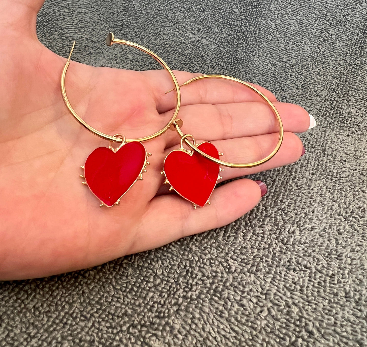 Beautiful Red Heart Drop Hoop Earrings - Red Hearts