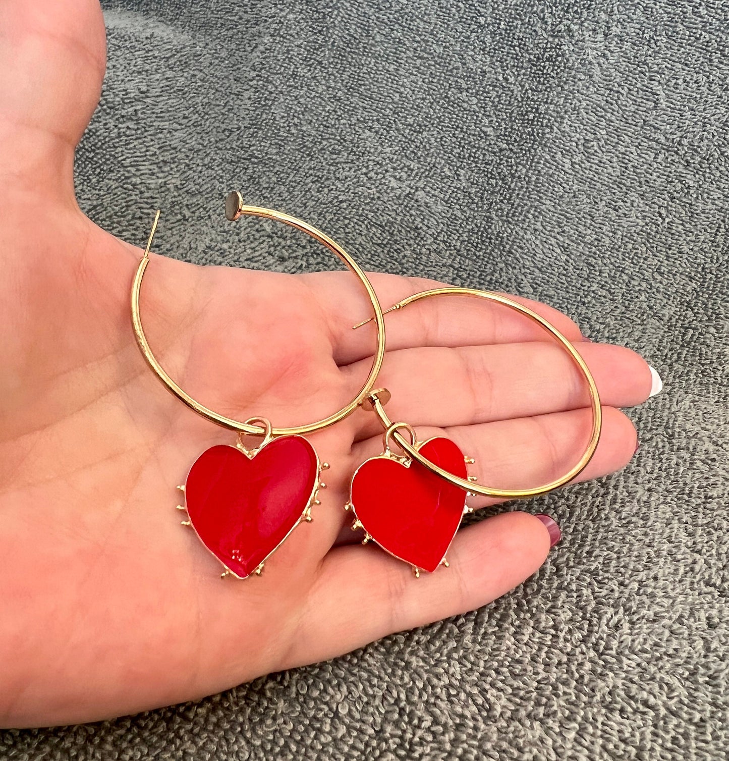 Beautiful Red Heart Drop Hoop Earrings - Red Hearts