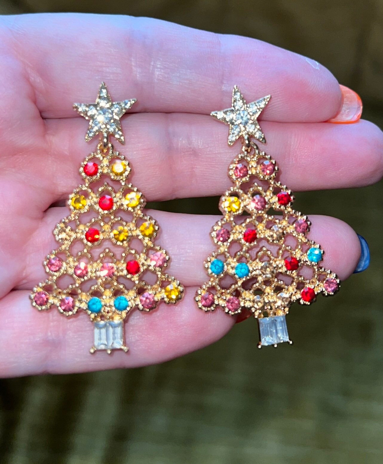 Christmas Tree Stud Earrings - Rhinestone Ornaments - Unique Look - Christmas Holiday - Trees