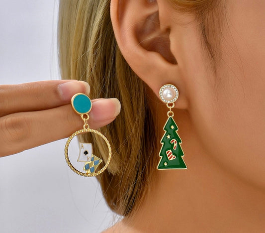 Mismatched Christmas Tree and Ace of Spades Card Earrings - Holiday Fun Jewelry - Trees