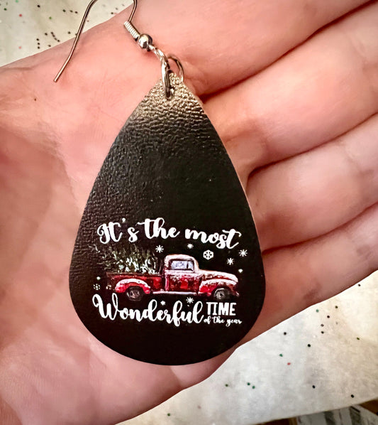 Beautiful Red Truck with Snow and Christmas Tree in Back - PU Leather Teardrop, Water Drop Dangle Earrings - Picture on Both Sides - Trees