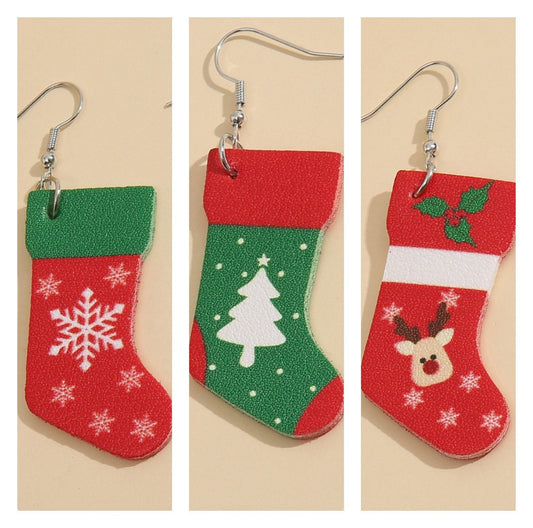 Christmas Stocking Dangle Earrings - 3 Designs - Snowflake - Reindeer - Christmas Tree - Holiday Party Trees