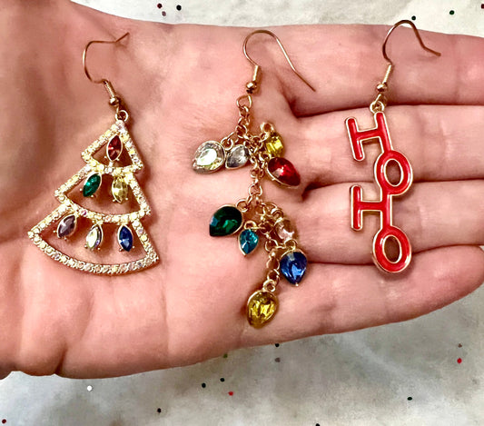 3 Pairs Christmas Earrings - Pretty Holiday Jewelry - Christmas Tree, HoHoHo, and Jewel Dangles - Trees