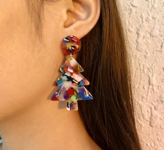 Retro Style Christmas Tree Earrings - Colorful Holiday Jewelry - Vibrant 3D Looking Stud Dangles - Trees