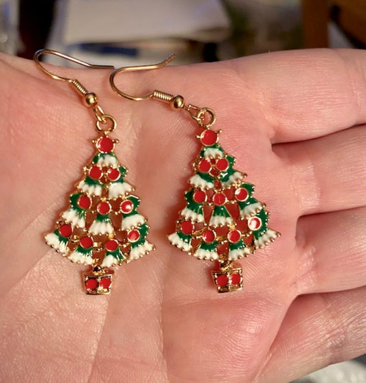 Christmas Tree Earrings, Snowy Tree Dangles, Festive, Holiday Accessories, Snow, Pine Trees