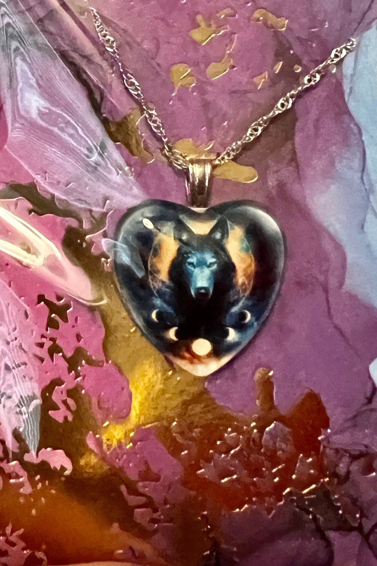 Lone Wolf With Full Moon and Quarter Moons at Bottom of Heart Shaped Pendant Necklace - Heart Shaped - Animal Necklace