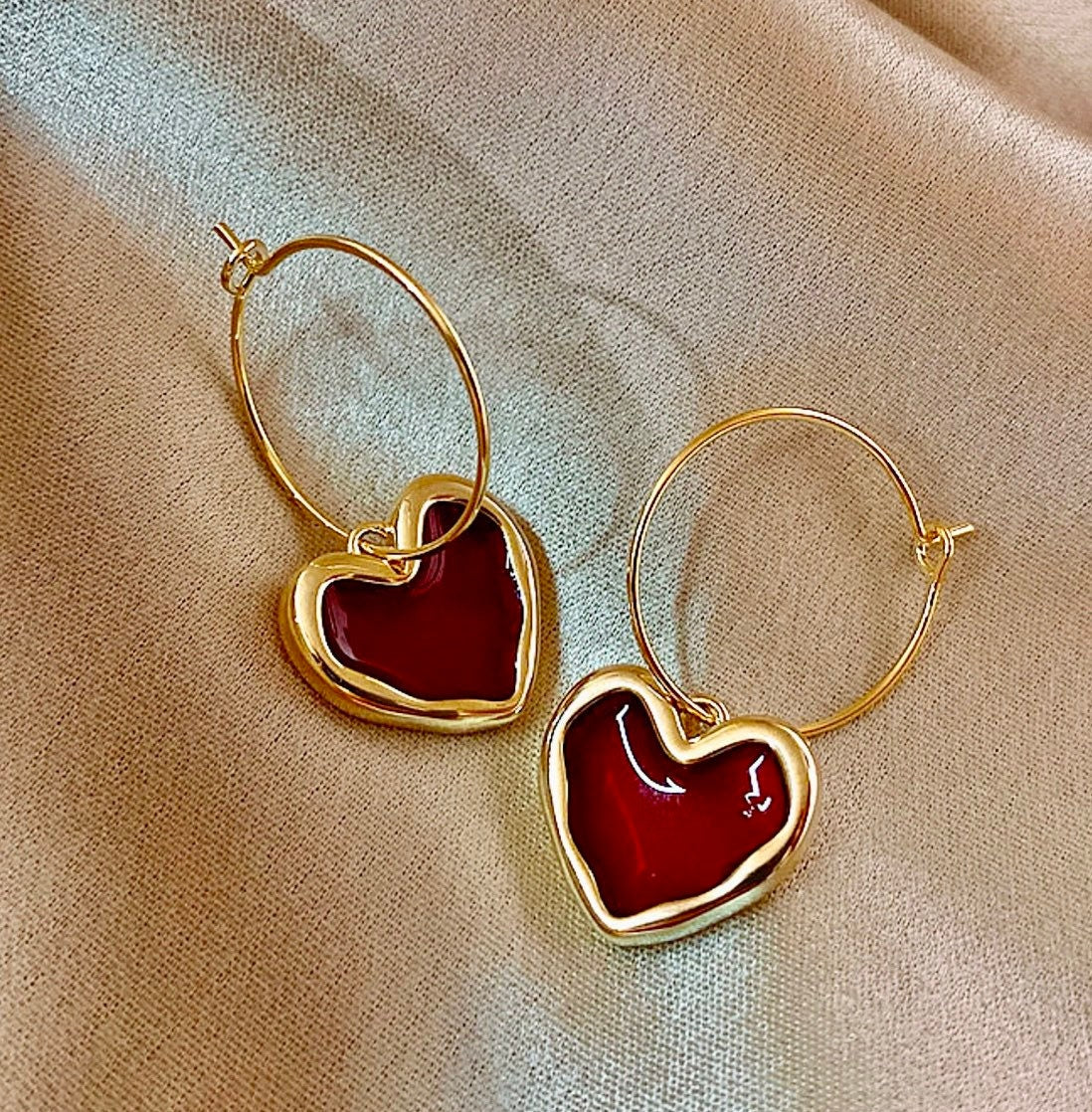 Red Heart Earrings | Hoop & Charm | Gold Huggies | Valentines Day | Gift For Her