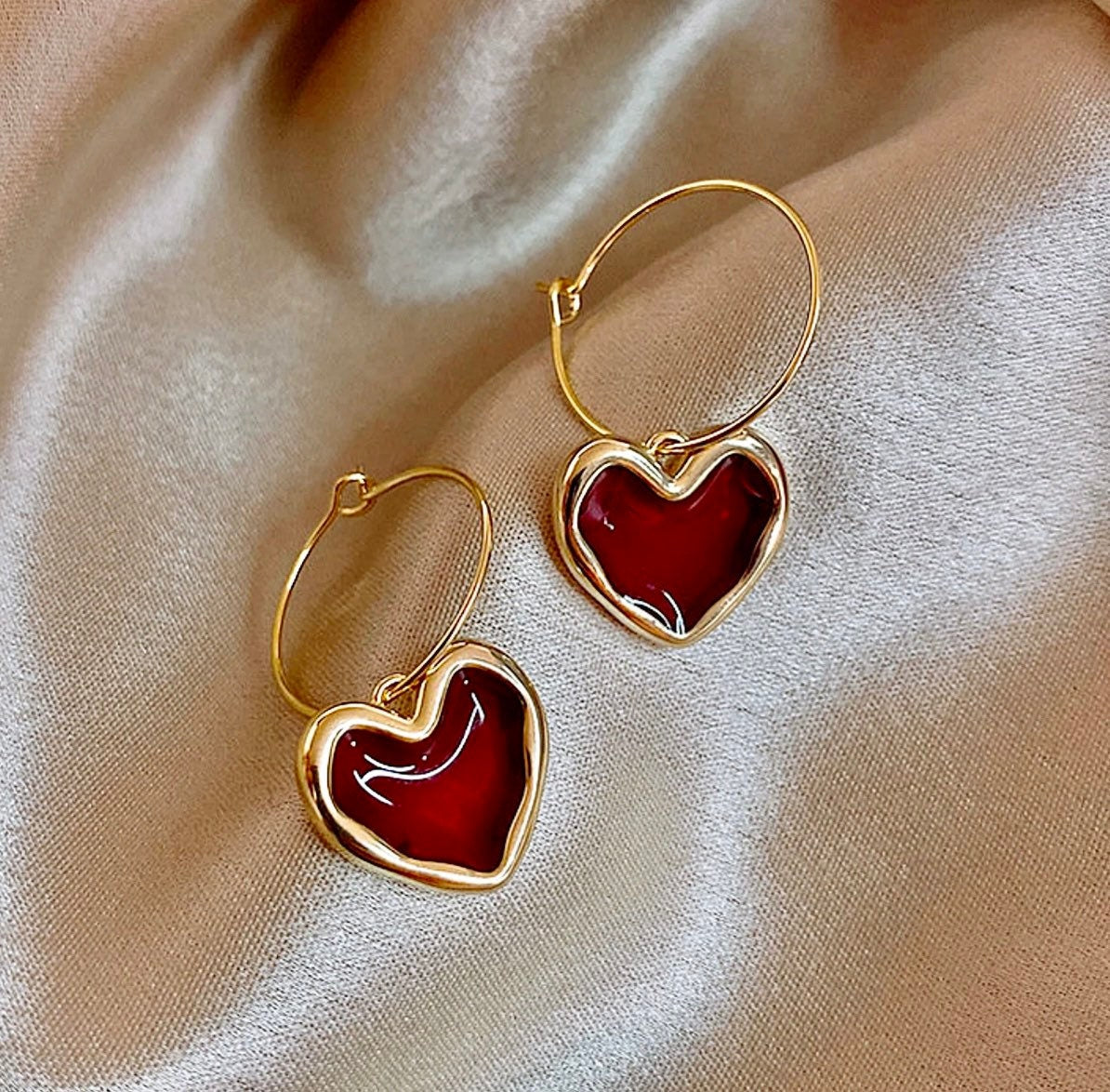 Red Heart Earrings | Hoop & Charm | Gold Huggies | Valentines Day | Gift For Her